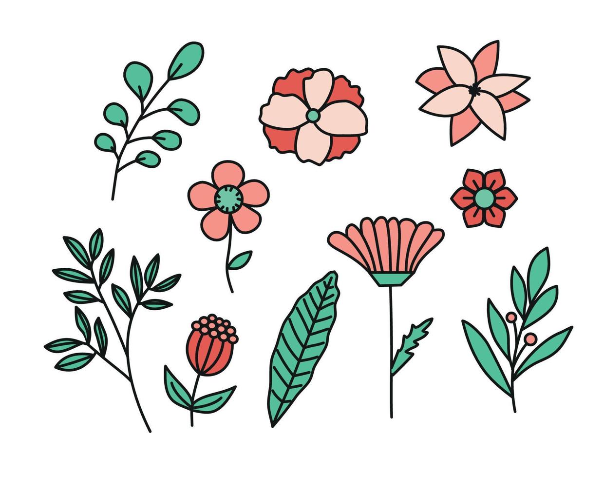 Set of hand drawn flowers and leaves new design . Vector illustration