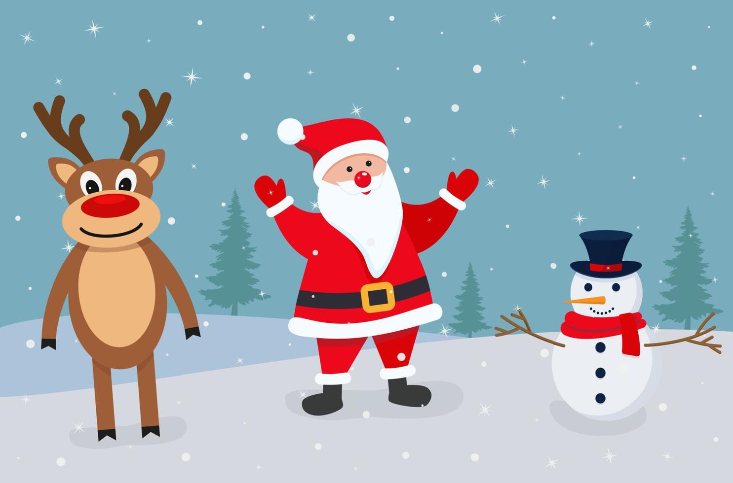 Vector cartoon illustration of cute Santa Claus. snowman and deer christmas greeting card vector illustration design