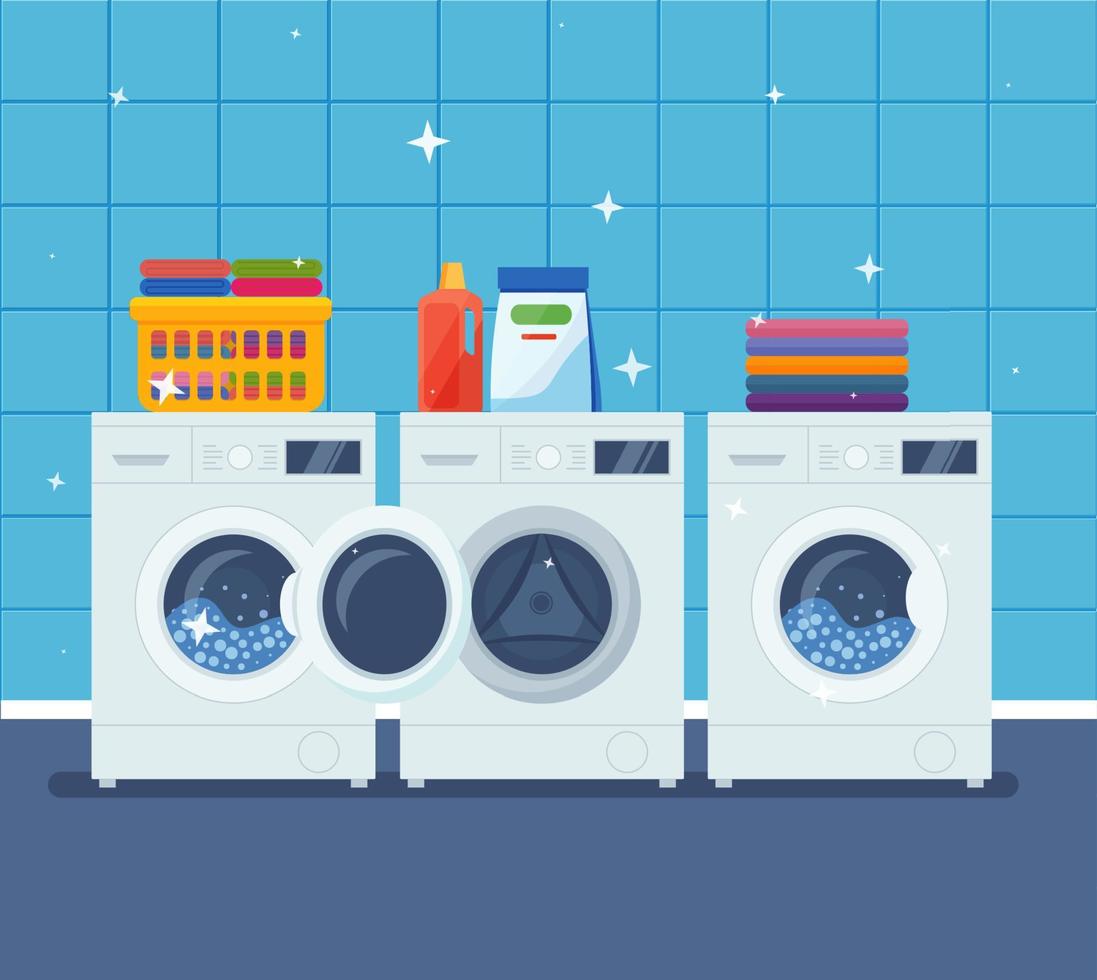 interior de lavadero con lavadora, ropa y productos de limpieza. vector