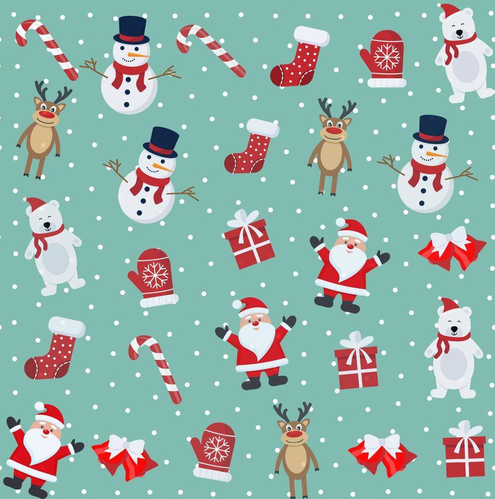 Christmas seamless pattern with snowman, reindeer and Santa Claus vector