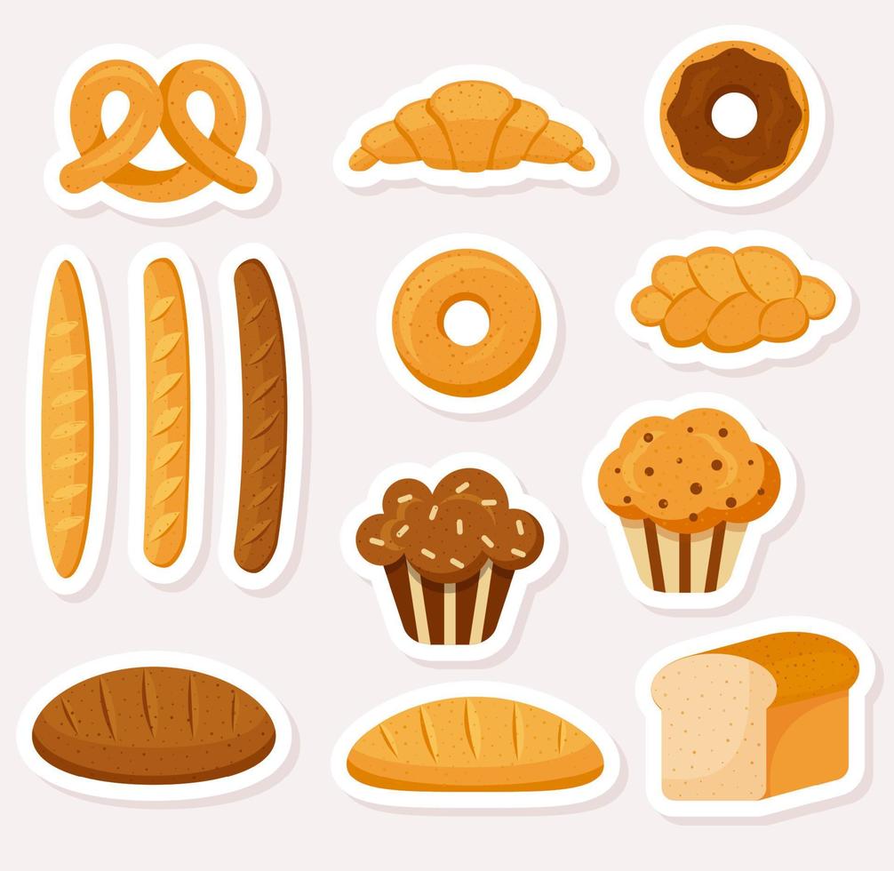 Set of cute vector bakery stickers. Flat style.