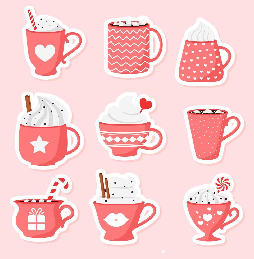 Happy Valentine's Day. Valentine's Day hot drinks collection. Vector illustration.