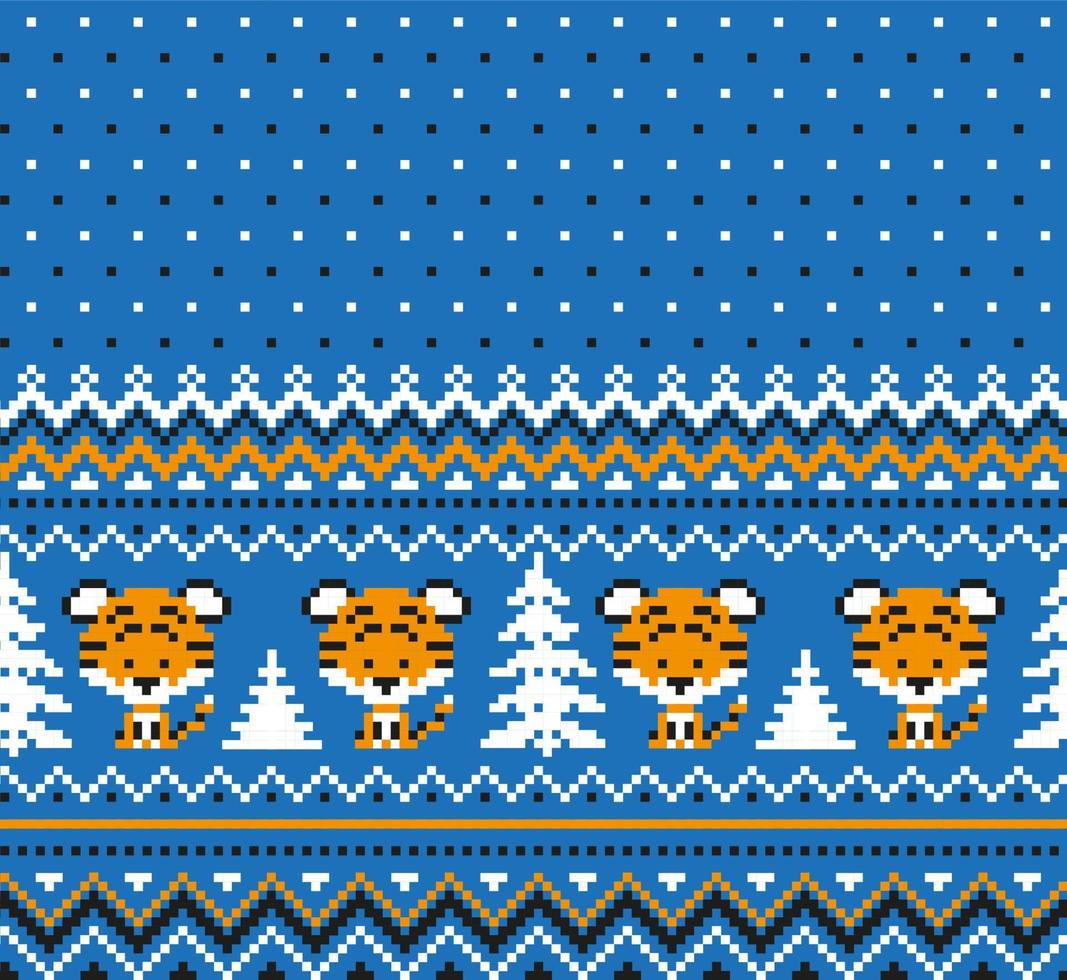 Knitted Christmas and New Year pattern in Tiger. Wool Knitting Sweater Design. Wallpaper wrapping paper textile print. vector