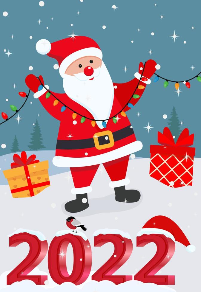 Cute Christmas and New Year card with santa claus and lettering 2022 vector