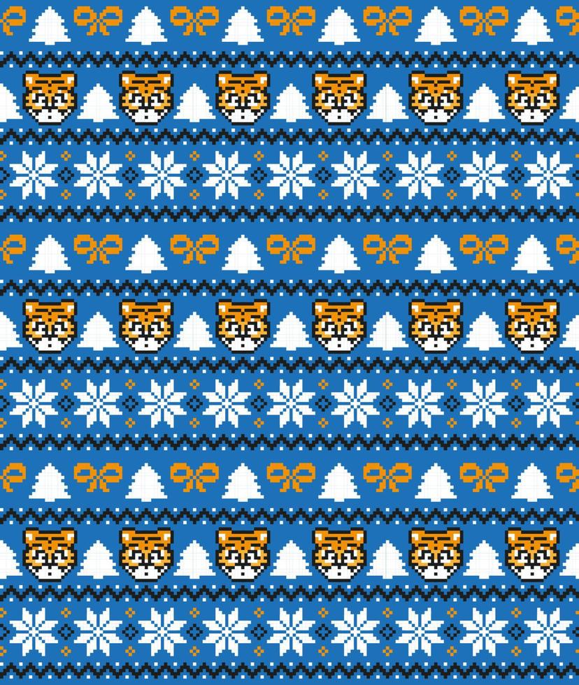 Knitted Christmas and New Year pattern in Tiger. Wool Knitting Sweater Design. Wallpaper wrapping paper textile print. vector