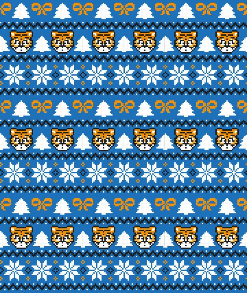 Knitted Christmas and New Year pattern in Tiger. Wool Knitting Sweater Design. Wallpaper wrapping paper textile print. vector