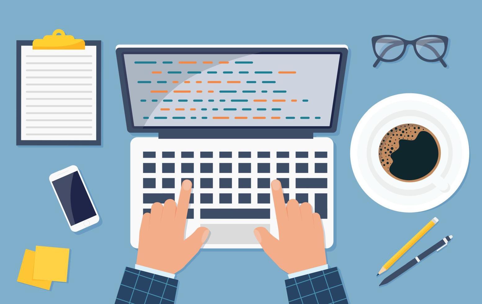 Web development Desktop management and IT workplace background. Top view of a table, laptop, folder, documents, notepad, business card, books, coffee, business, organization. vector