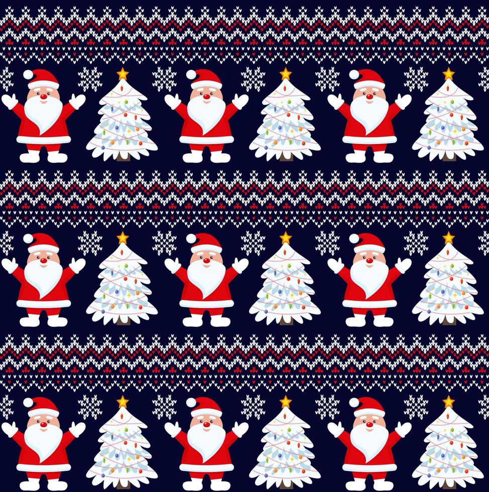 Knitted Christmas and New Year pattern into santa. Wool Knitting Sweater Design. Wallpaper wrapping paper textile print. vector