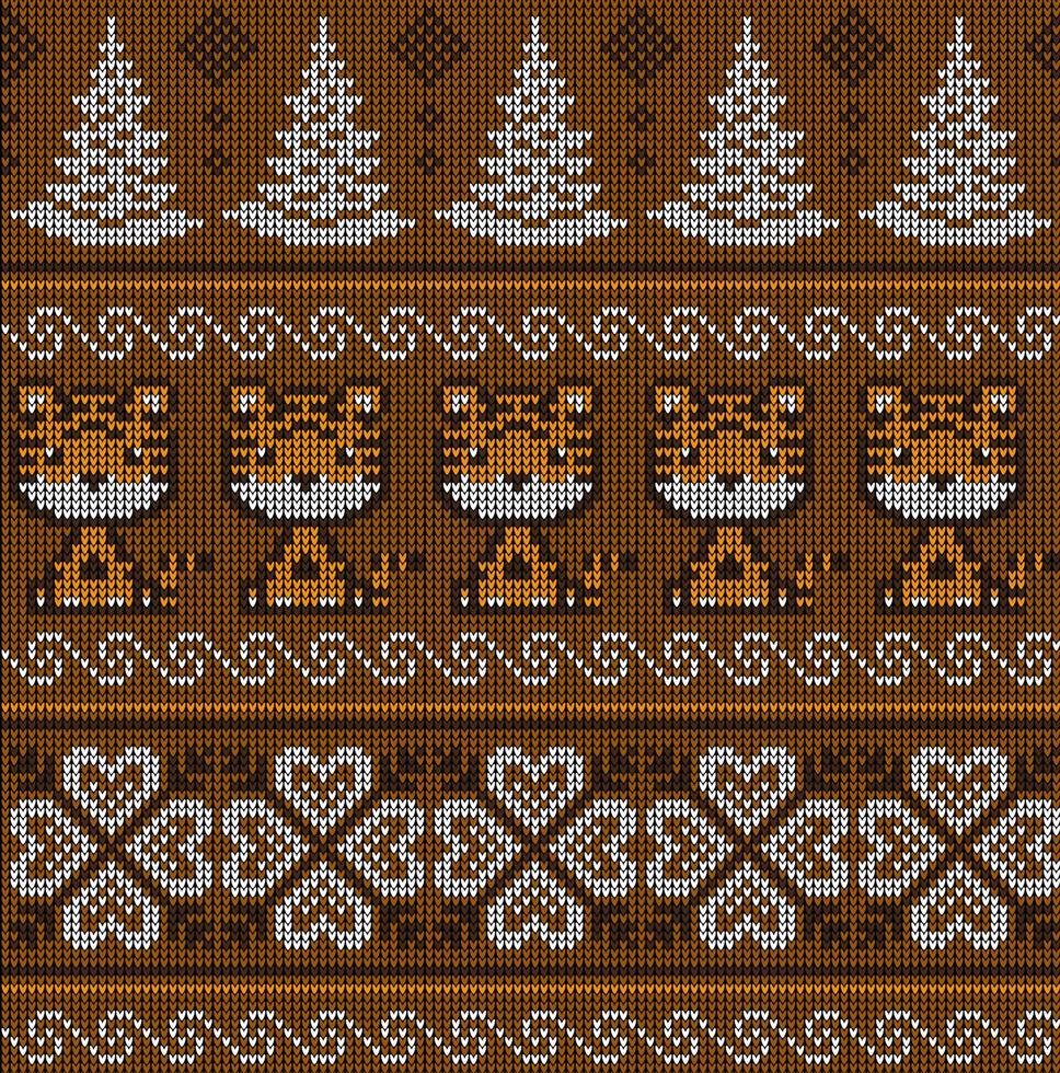 Knitted Christmas and New Year pattern in Tiger. Wool Knitting Sweater Design. Wallpaper wrapping paper textile print. vector