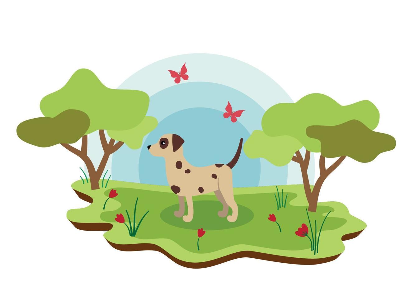 lindo perro de animales de granja con paisaje primaveral. ilustración de dibujos animados de vectores