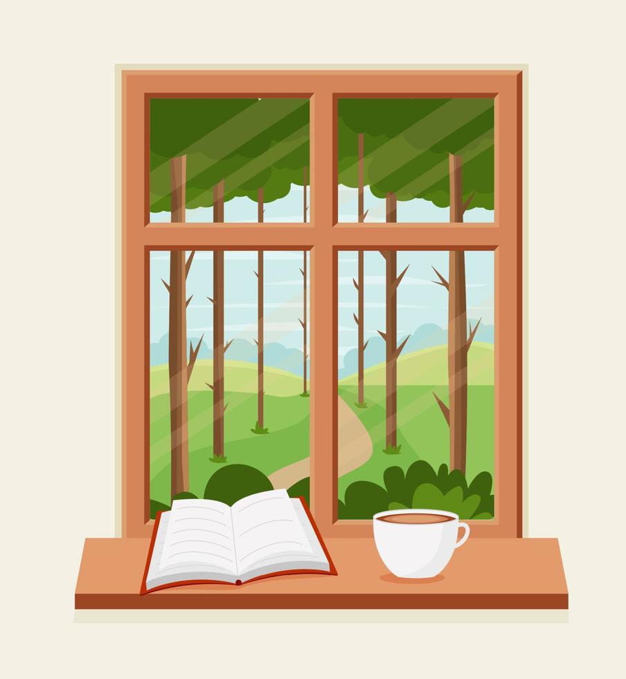 Spring window with landscape with a book and a coffee cup on the sill. Vector illustration in flat style