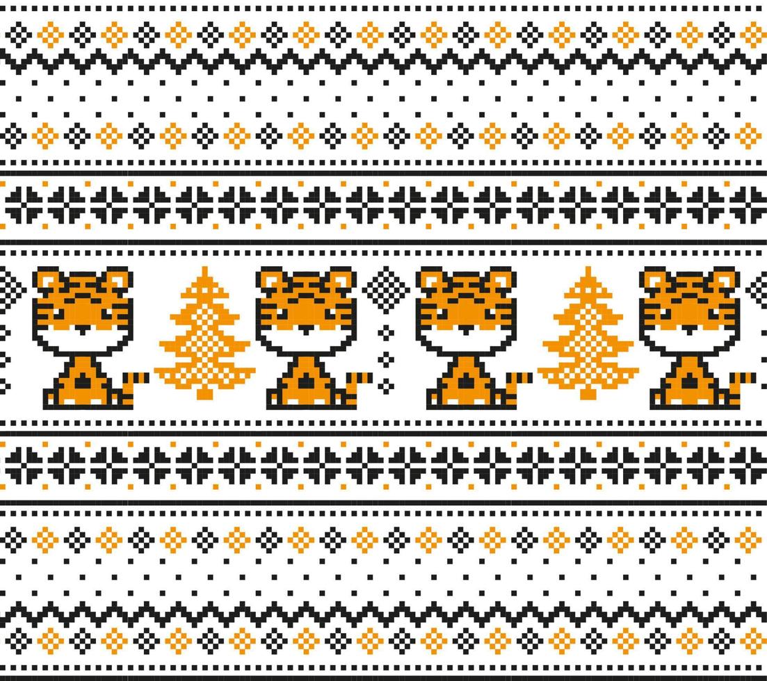 Knitted Christmas and New Year pattern in Tiger. Wool Knitting Sweater Design. Wallpaper wrapping paper textile print. vector