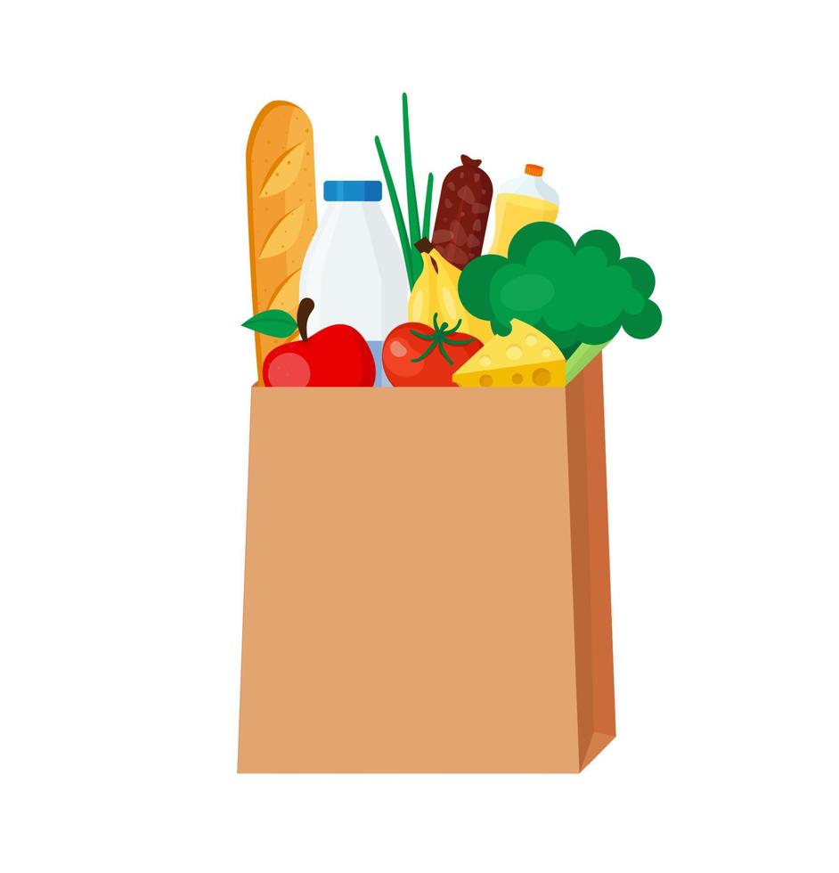 Food products in a paper bag. Flat vector illustration