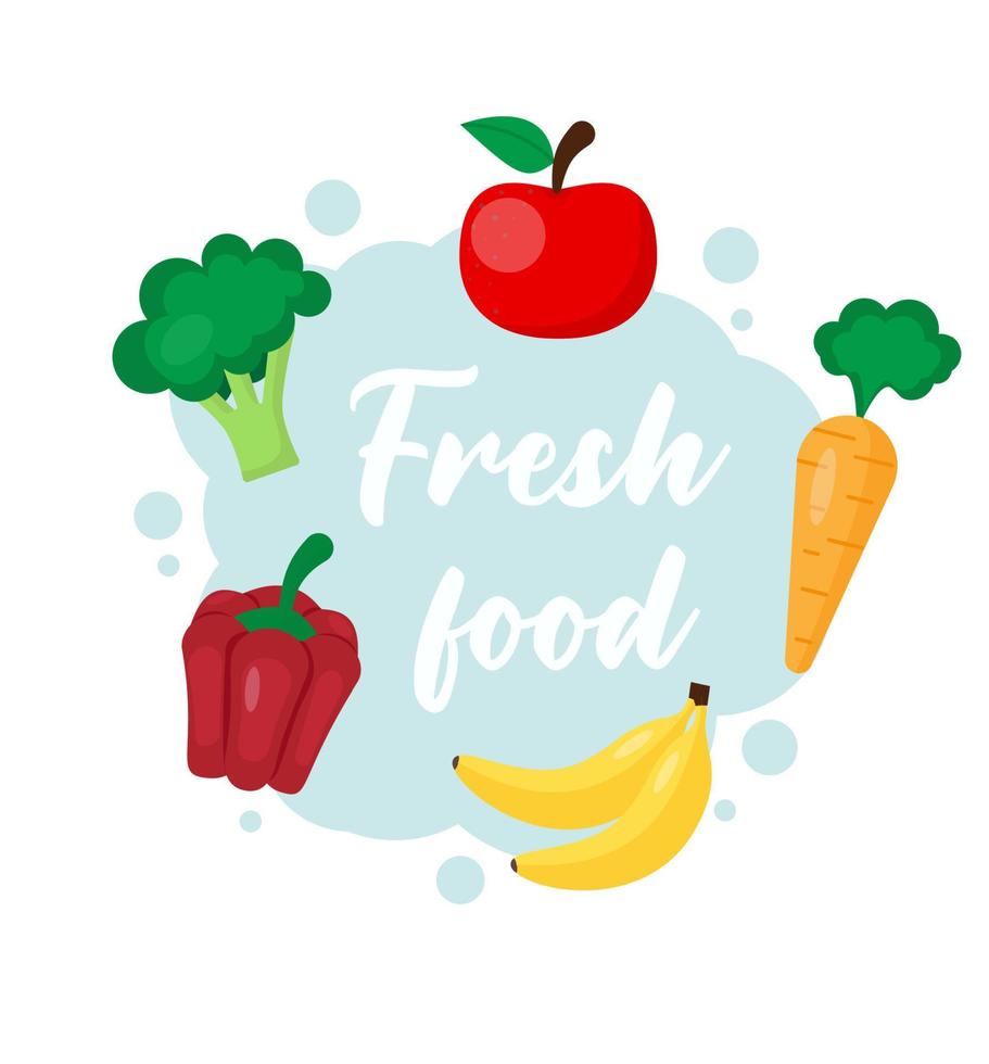 Fresh food helps the body. Healthy food concept. Vector illustration