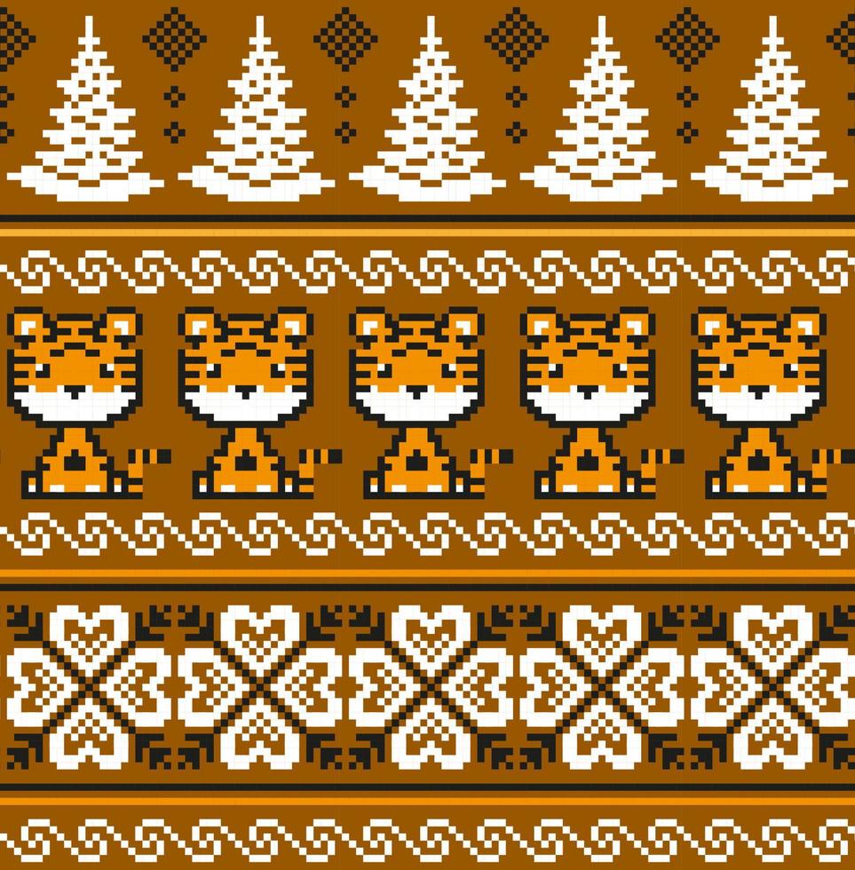 Knitted Christmas and New Year pattern in Tiger. Wool Knitting Sweater Design. Wallpaper wrapping paper textile print. vector