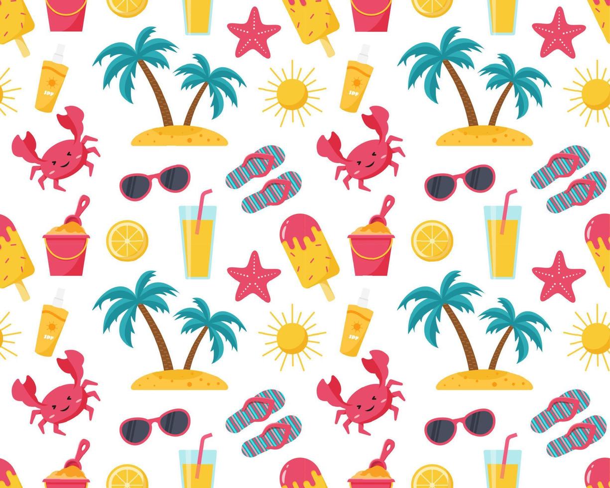Seamless summer beach pattern in umbrella, glasses, sun, lemonade, crab, palm vector