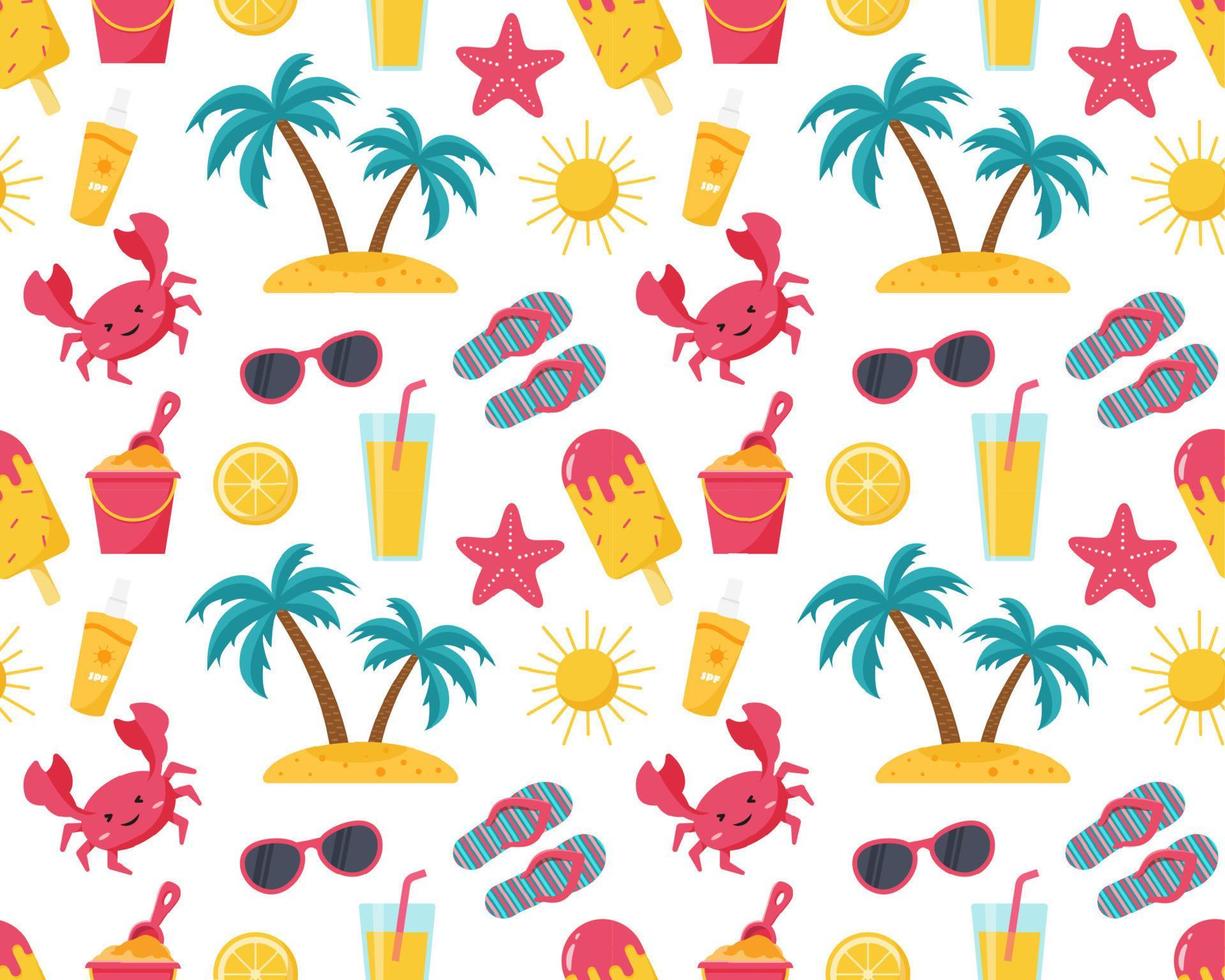 Seamless summer beach pattern in umbrella, glasses, sun, lemonade, crab, palm vector