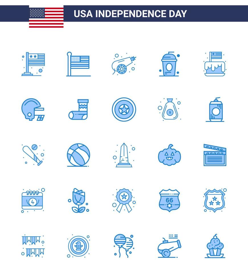 Modern Set of 25 Blues and symbols on USA Independence Day such as festival holiday army drink cake Editable USA Day Vector Design Elements