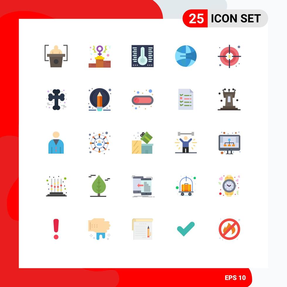 Flat Color Pack of 25 Universal Symbols of cross bone target temperature goals world Editable Vector Design Elements