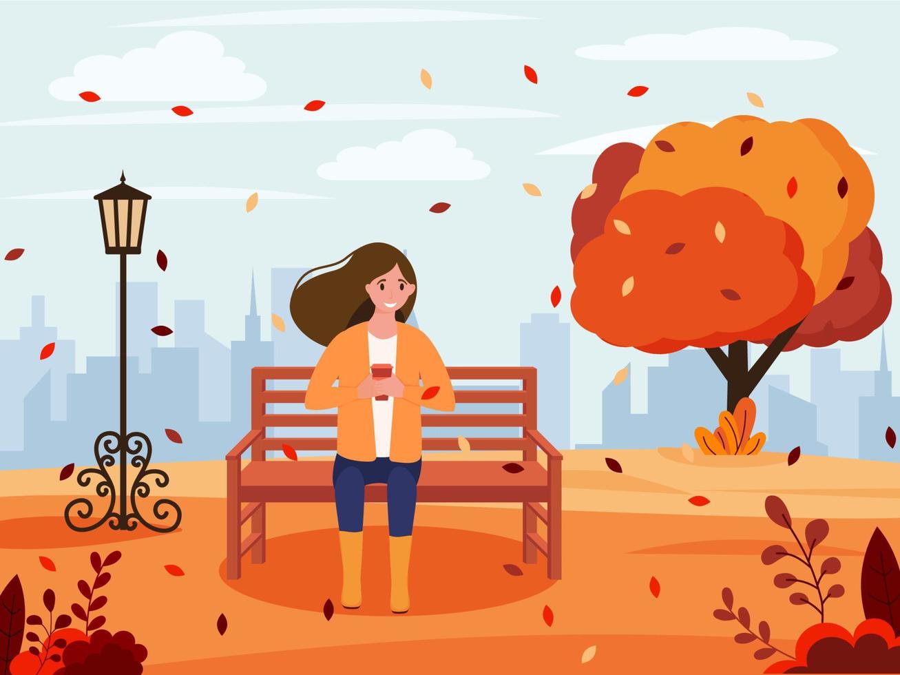 paisaje de otoño la niña monta una bicicleta. fondo de otoño. ilustración vectorial en estilo plano. vector