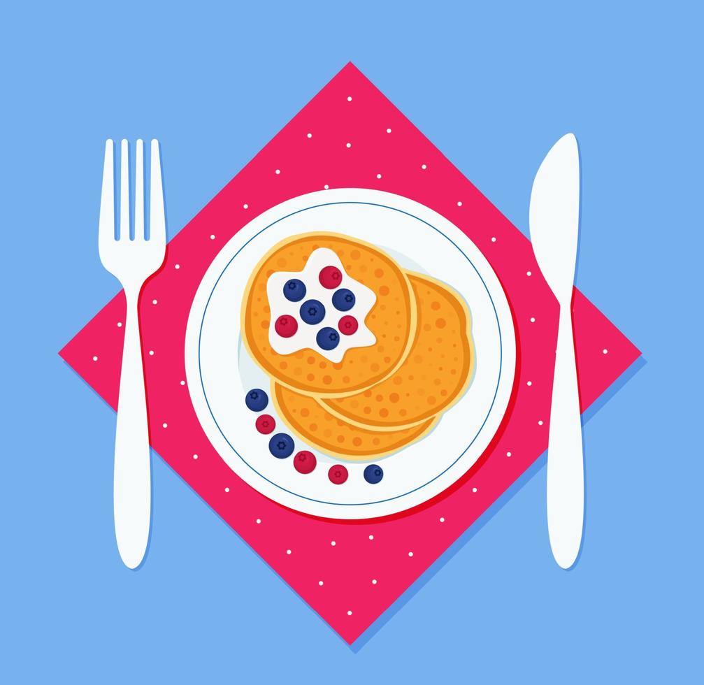 tortitas de desayuno en un plato, con un tenedor y un cuchillo en una servilleta. ilustración vectorial en estilo plano vector