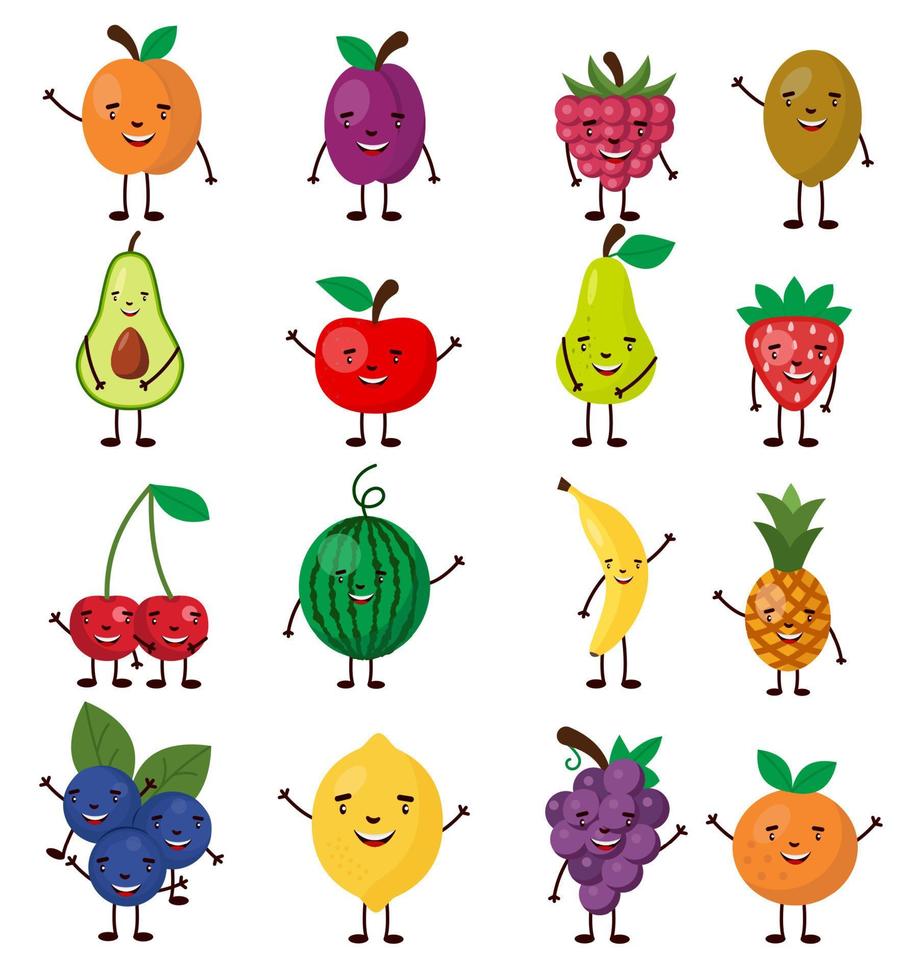 conjunto de frutas de carácter lindo, ilustración para niños en estilo de dibujos animados aislado sobre fondo blanco eps 10 vector
