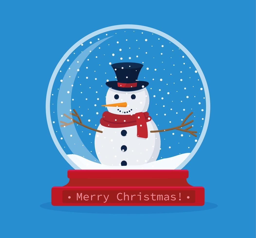 Christmas snow globe with a snowman inside. Merry Christmas. Celebrating new year and christmas. Vector illustration in flat style