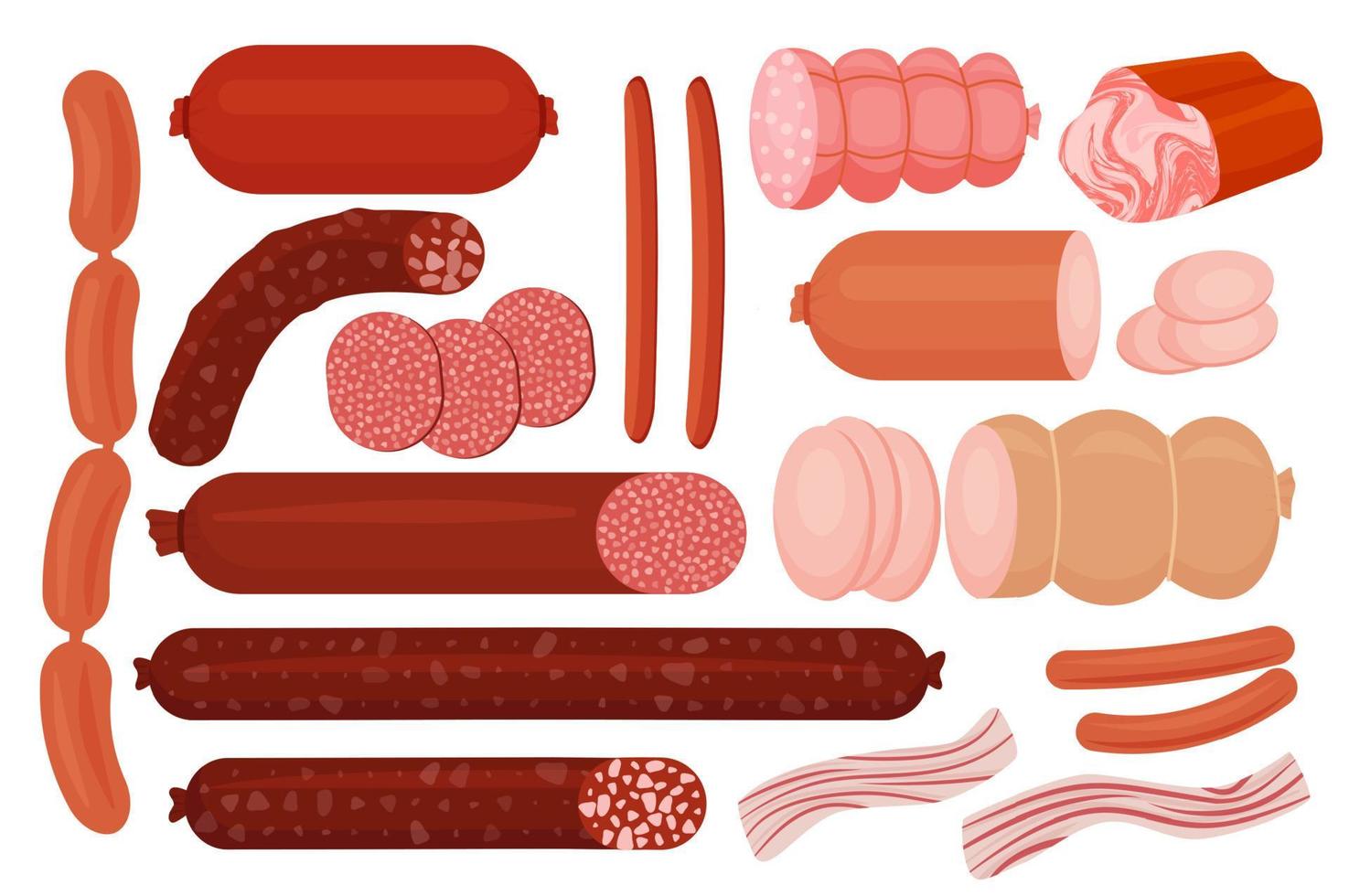 Meat and sausages Set of fresh and prepared meat. Beef, pork, pieces of bacon. Cartoon style realistic vector illustration icons isolated on white background