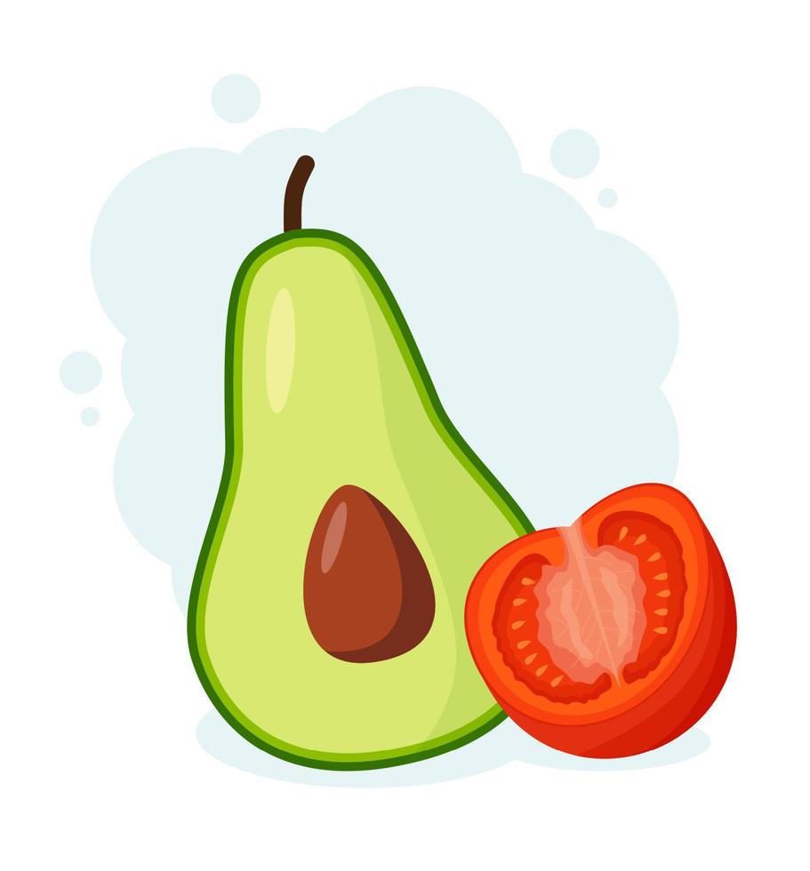 Avocado and tomato are fresh, dietary, organic, food. Cartoon style vector