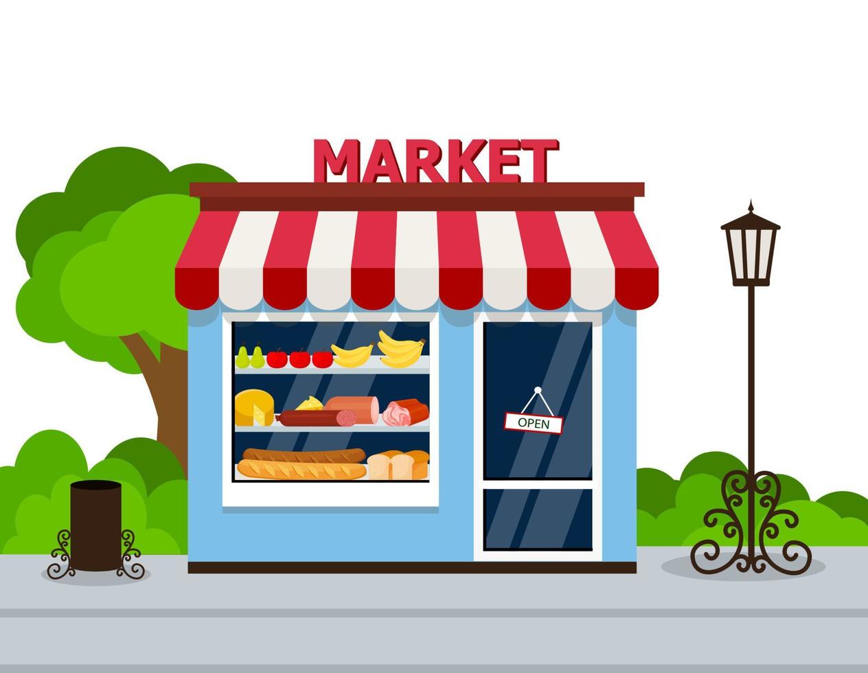 Storefront grocery store facade vector illustration. store building, flat cartoon shop facade front view.