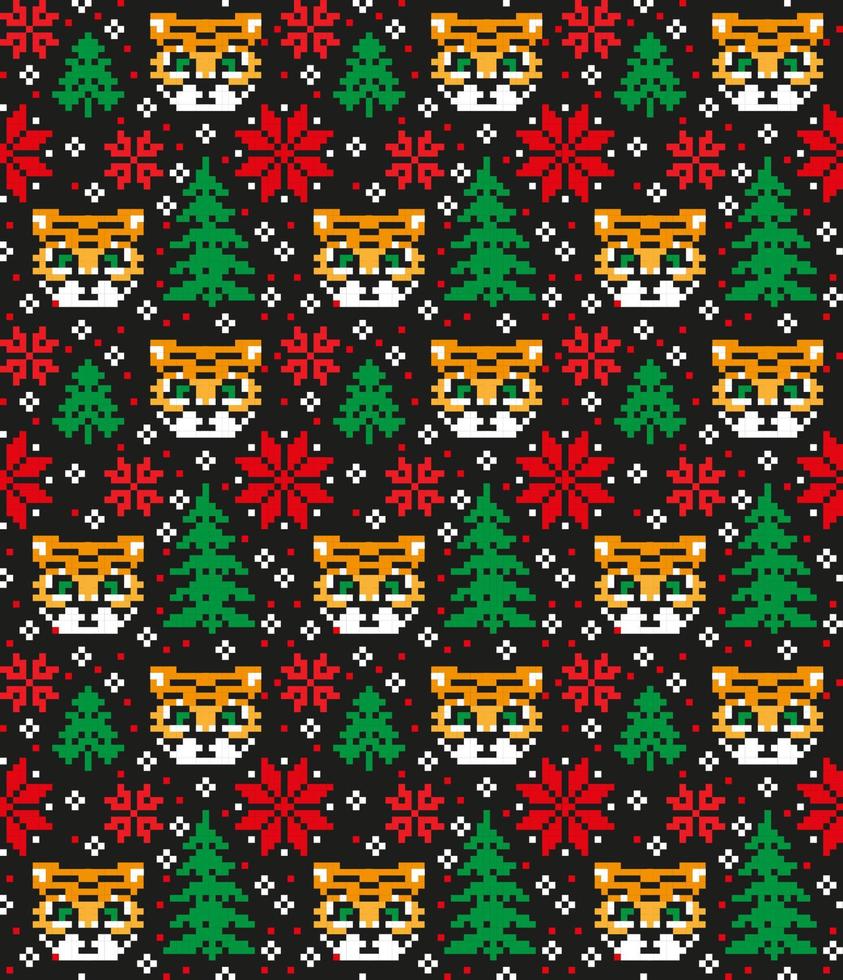 Knitted Christmas and New Year pattern in Tiger. Wool Knitting Sweater Design. Wallpaper wrapping paper textile print. vector