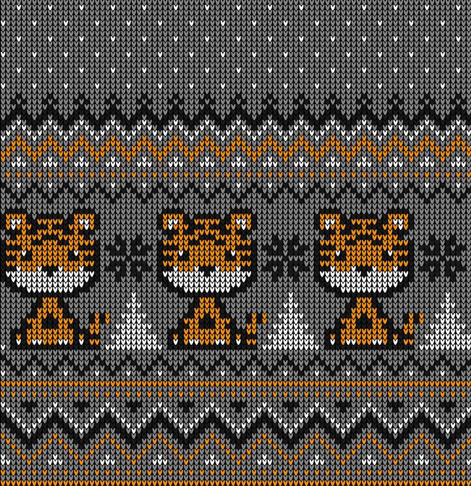 Knitted Christmas and New Year pattern in Tiger. Wool Knitting Sweater Design. Wallpaper wrapping paper textile print. vector