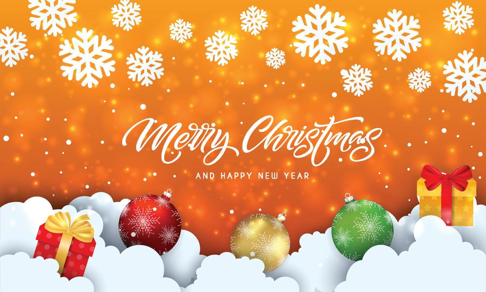 merry christmas and happy new year with bokeh and lens flare pattern on summer orange color background. vector