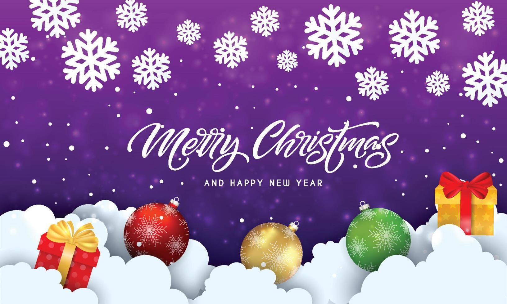 Vector Realistic Christmas Ball on Purple Background with Golden Modern Typography Greetings in a Frame. Classy Card or Poster.