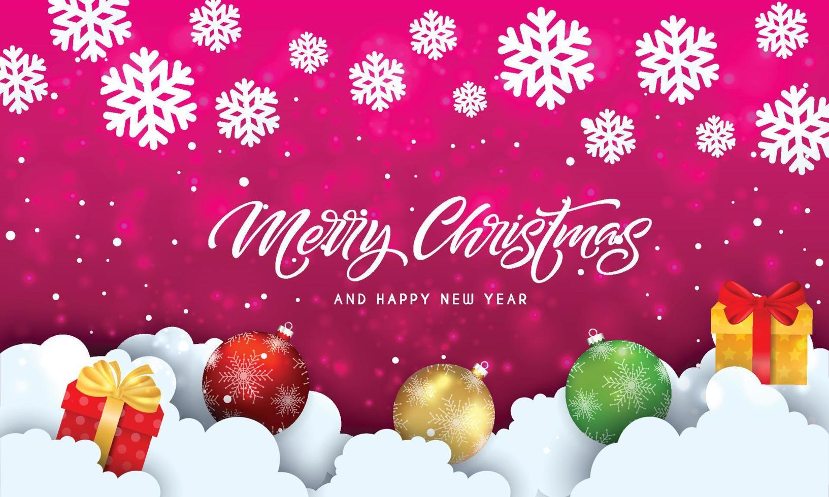 navidad y año nuevo tipográfico sobre fondo rosa de navidad con copos de nieve, luz, estrellas. ilustración vectorial tarjeta de navidad vector