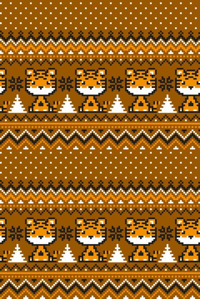 Knitted Christmas and New Year pattern in Tiger. Wool Knitting Sweater Design. Wallpaper wrapping paper textile print. vector