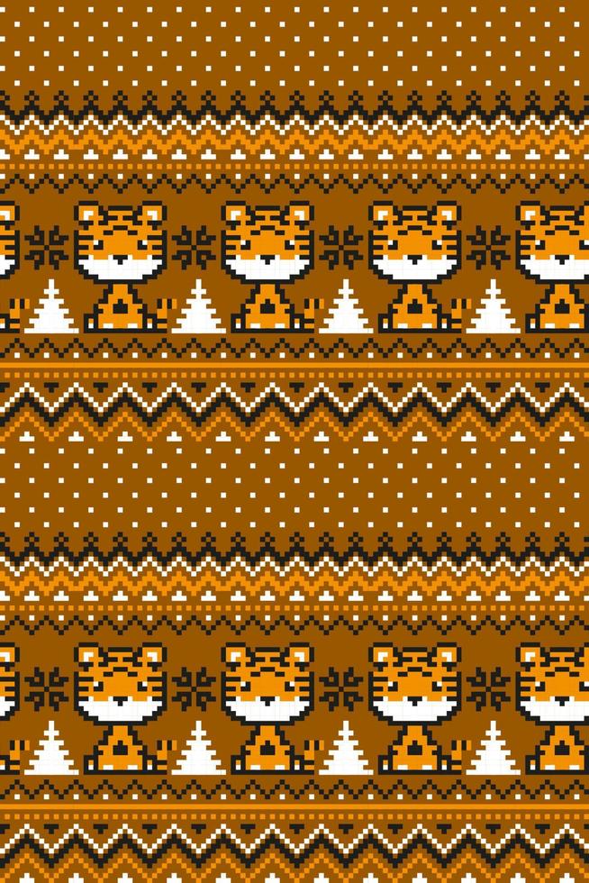 Knitted Christmas and New Year pattern in Tiger. Wool Knitting Sweater Design. Wallpaper wrapping paper textile print. vector