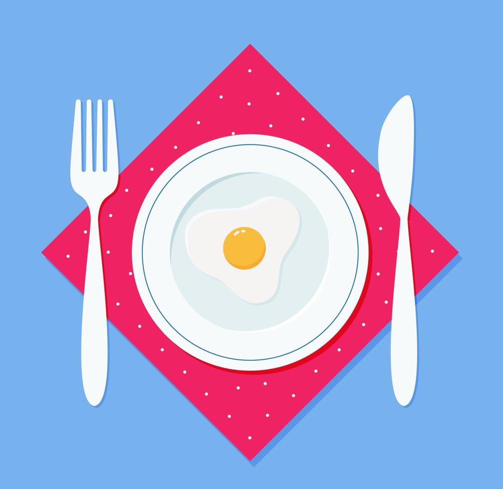 desayuno huevo frito en un plato, con tenedor y cuchillo en una servilleta. ilustración vectorial en estilo plano vector