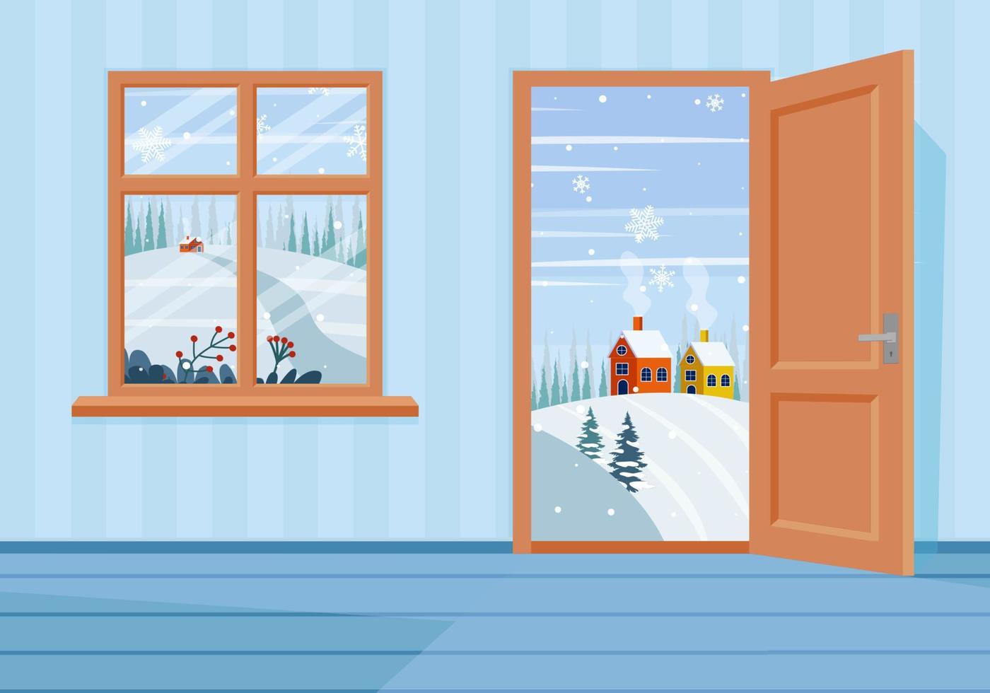 ventana y puertas en el paisaje de invierno. ilustración de vector de estilo de dibujos animados plana.