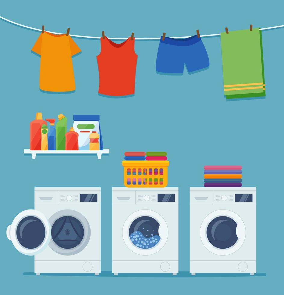 Laundry room interior with washing machine, clothes and cleaning products. vector