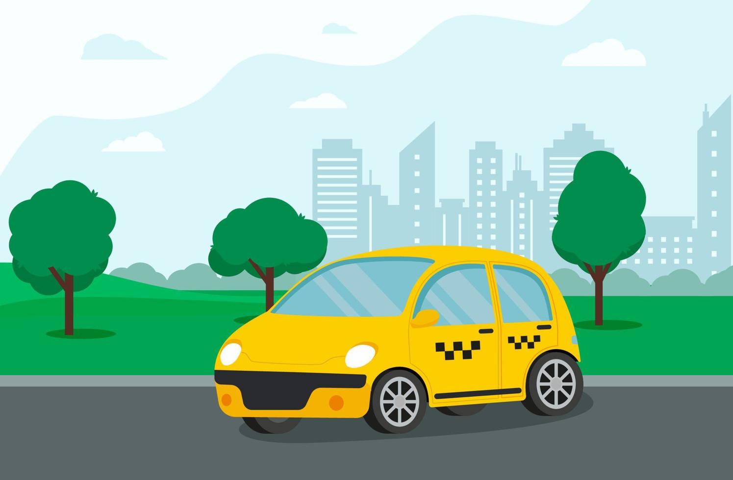 taxi amarillo manos con smartphone y aplicación de taxi en la ciudad. concepto de servicio de taxi. ilustración vectorial en estilo plano vector