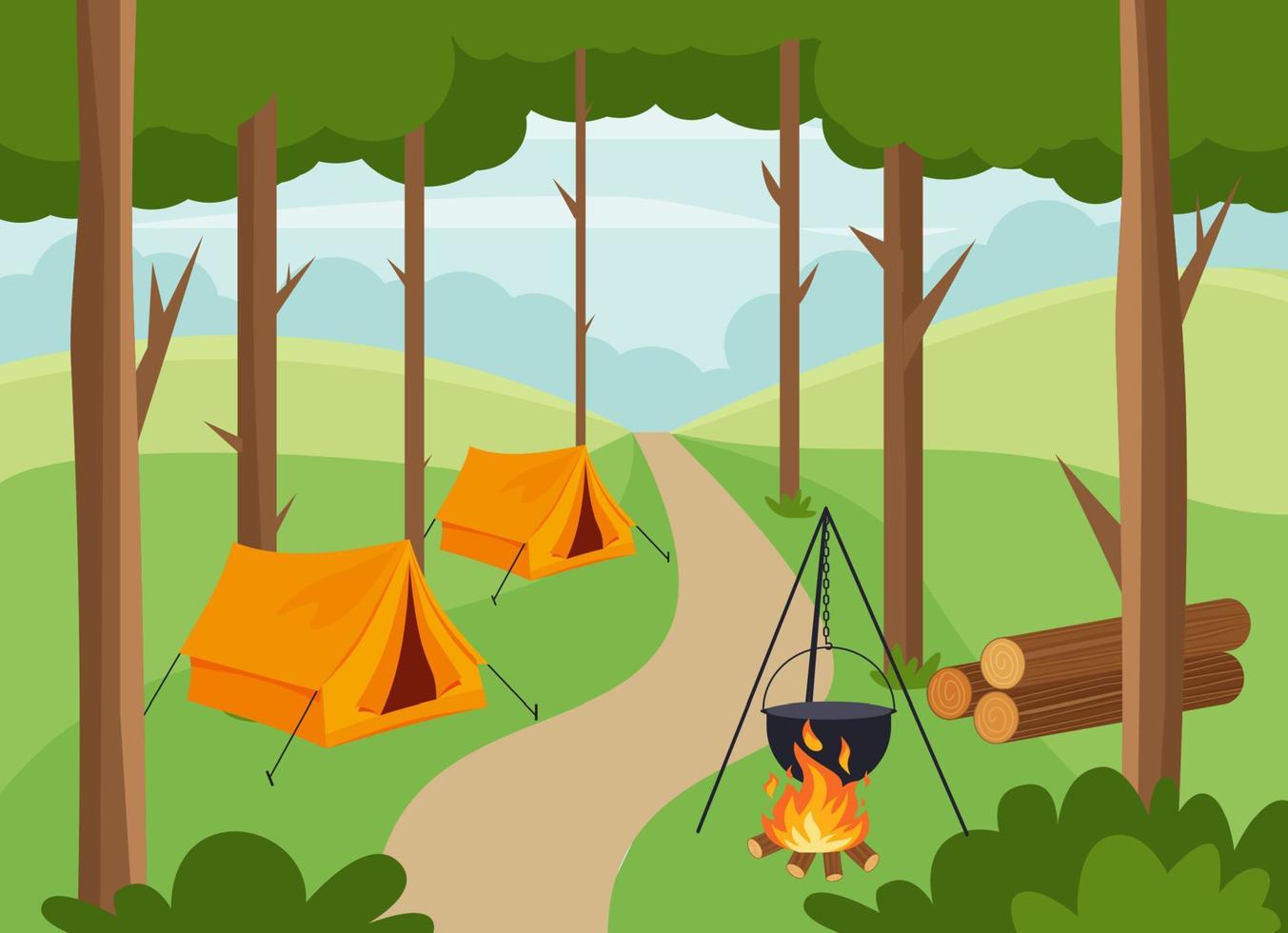 Camping with a tent in nature with a fire. Vector illustration in flat style