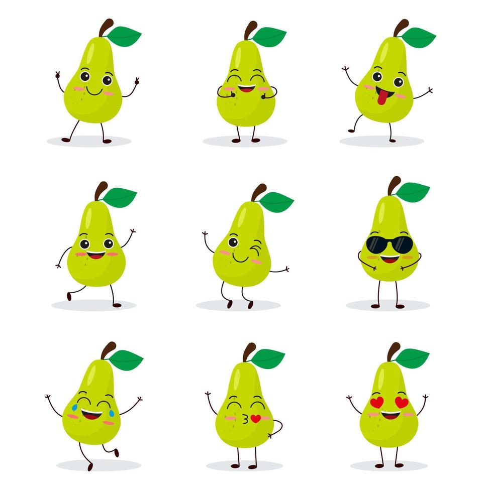 Cute happy pear character. Funny fruit emoticon in flat style. vector