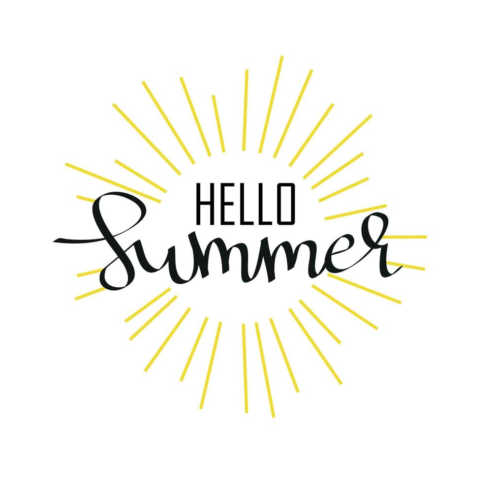 Hello Summer vector illustration, background. Fun quote hipster design logo or label. Hand lettering inspirational typography poster, banner.