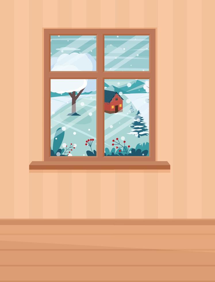 en la ventana del paisaje de invierno. ilustración de vector de estilo de dibujos animados plana.