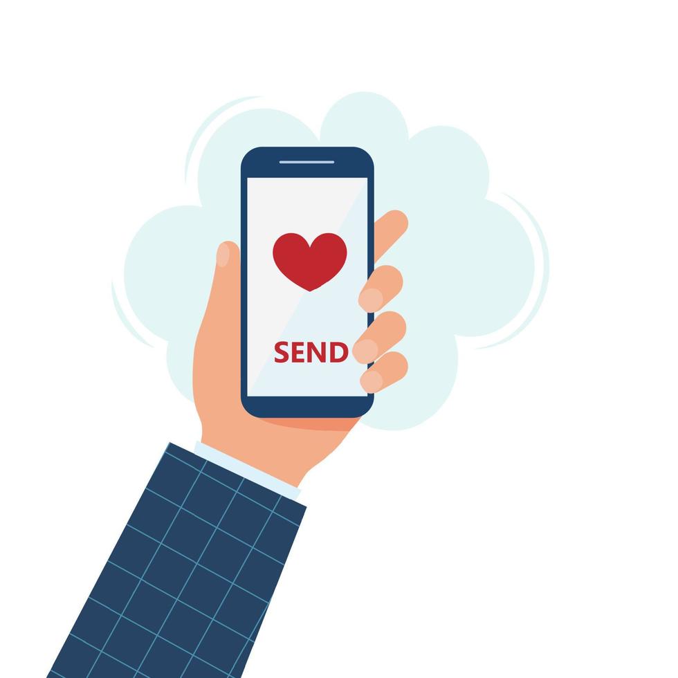 SMARTPHONE IN HAND ON THE SCREEN WITH A HEART FOR SAINT VALENTINE'S DAY vector