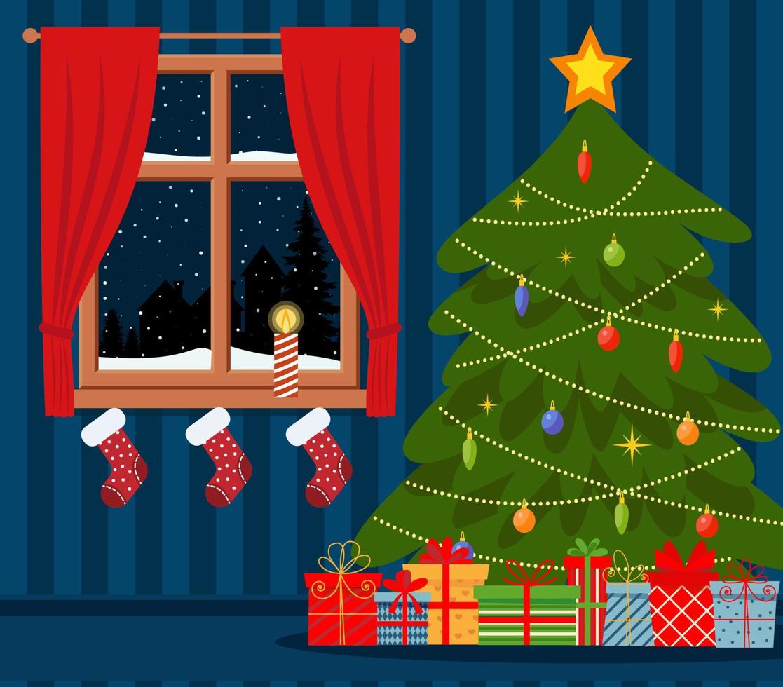 acogedor salón interior navidad con sofá rojo, regalos y árbol. ilustración de estilo plano vectorial. vector