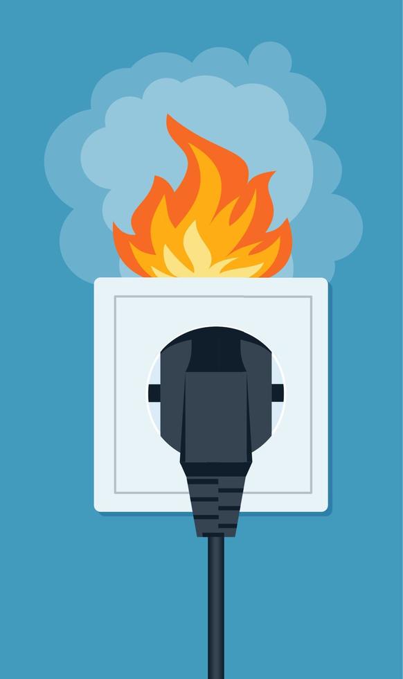 Socket and plug on fire from voltage overload. Vector flat illustration.