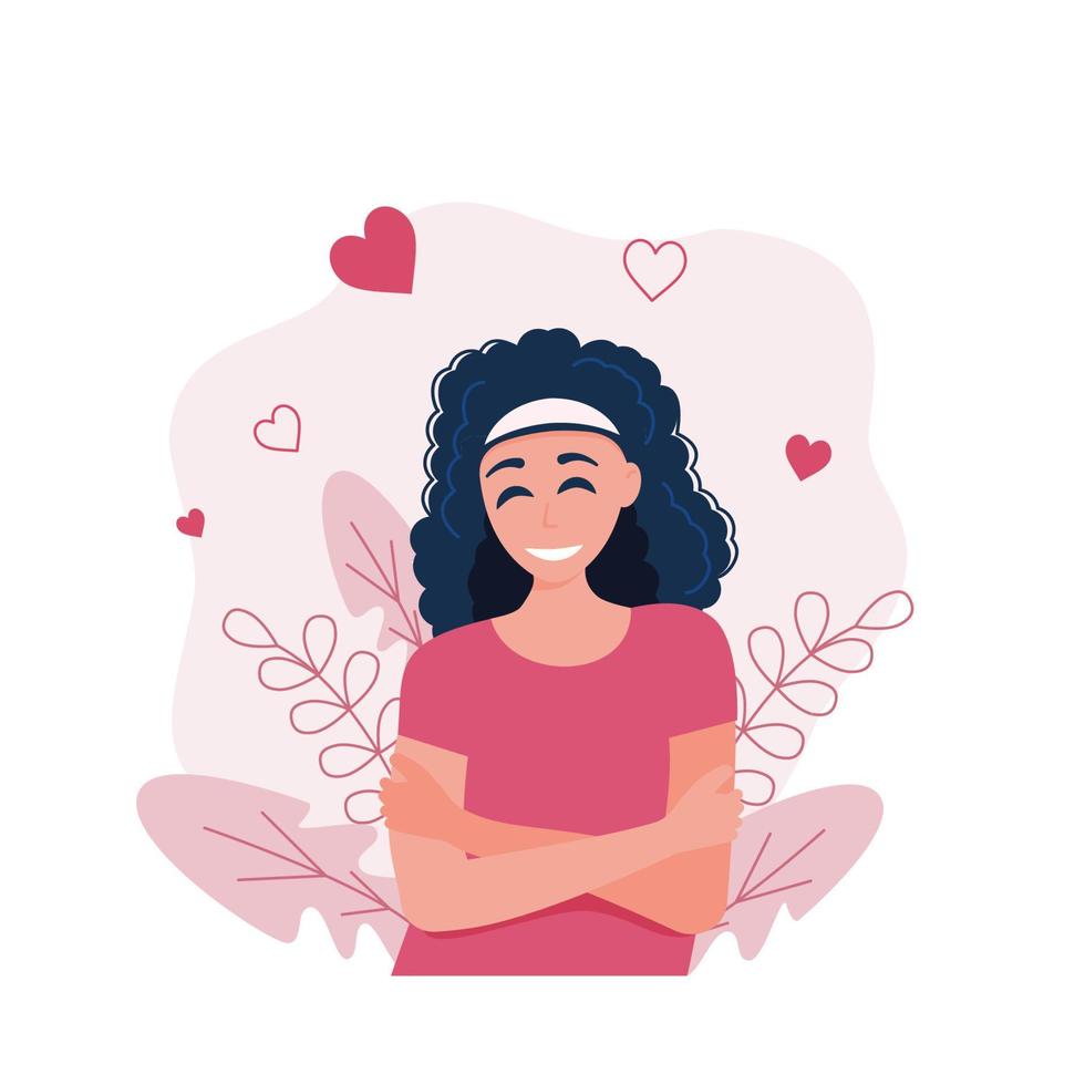 The girl hugs herself, loving herself. Vector illustration cartoon style.