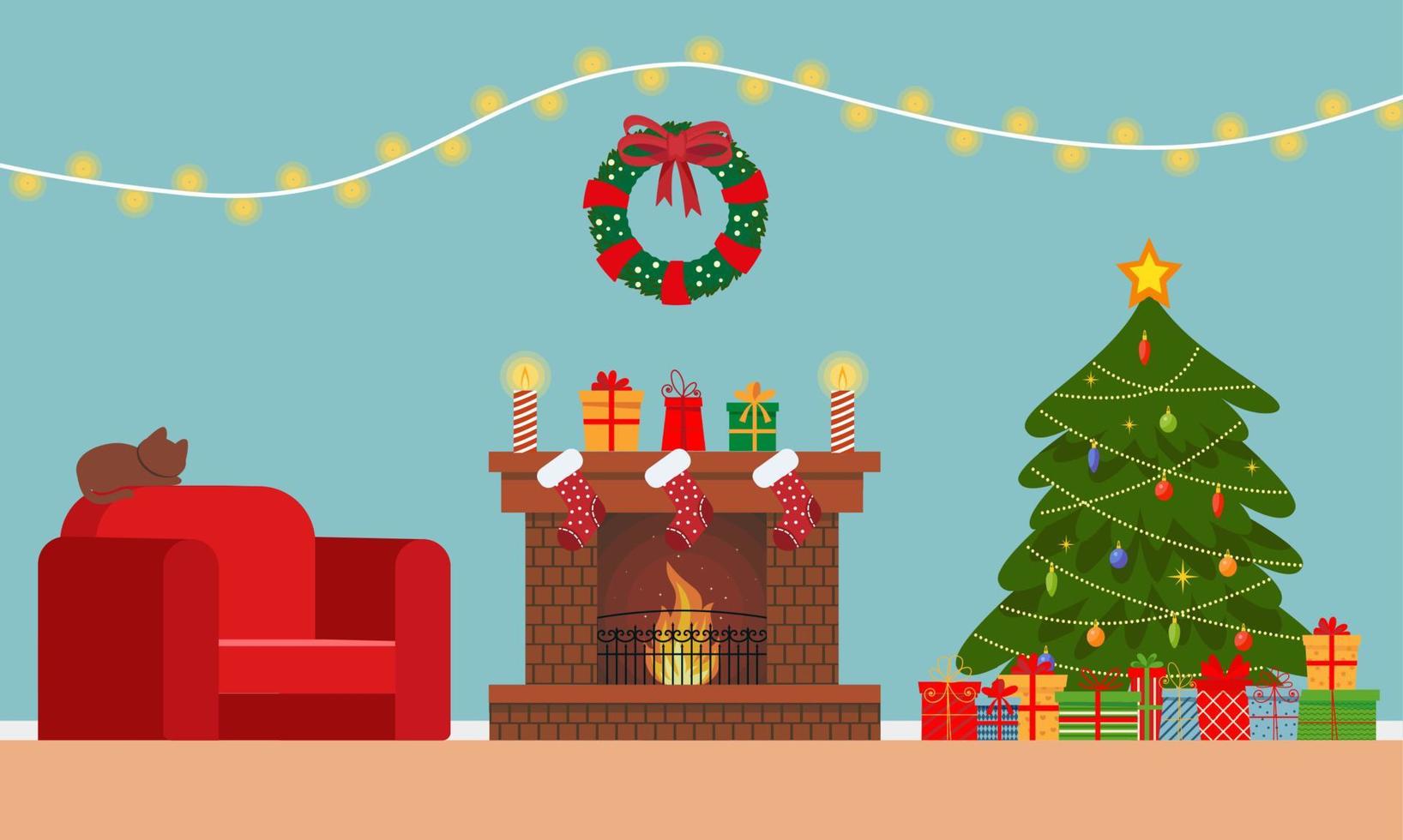 Cozy living interior Christmas with red sofa, gifts, and tree. Vector flat style illustration.